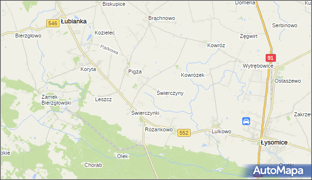 mapa Świerczyny gmina Łysomice, Świerczyny gmina Łysomice na mapie Targeo