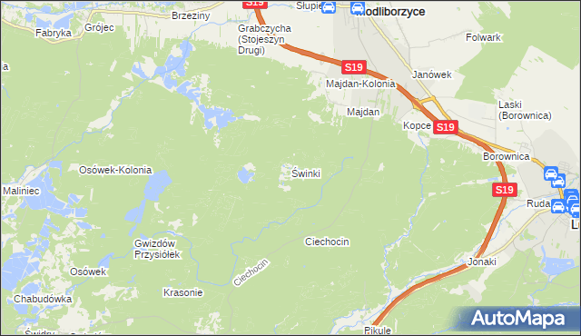 mapa Świnki gmina Modliborzyce, Świnki gmina Modliborzyce na mapie Targeo
