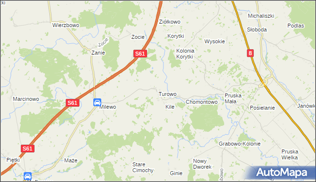 mapa Turowo gmina Kalinowo, Turowo gmina Kalinowo na mapie Targeo