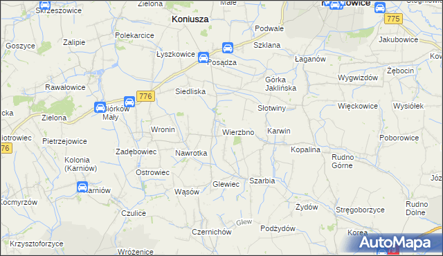 mapa Wierzbno gmina Koniusza, Wierzbno gmina Koniusza na mapie Targeo