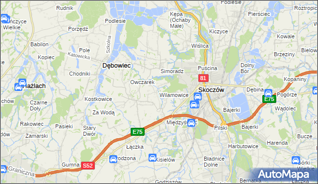 mapa Wilamowice gmina Skoczów, Wilamowice gmina Skoczów na mapie Targeo