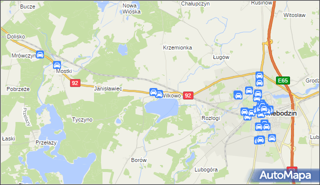 mapa Wilkowo gmina Świebodzin, Wilkowo gmina Świebodzin na mapie Targeo