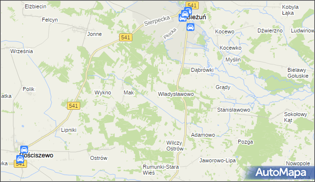 mapa Władysławowo gmina Bieżuń, Władysławowo gmina Bieżuń na mapie Targeo