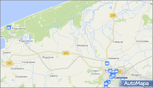 mapa Włodarka gmina Trzebiatów, Włodarka gmina Trzebiatów na mapie Targeo