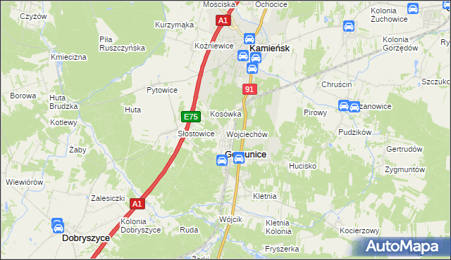 mapa Wojciechów gmina Gomunice, Wojciechów gmina Gomunice na mapie Targeo