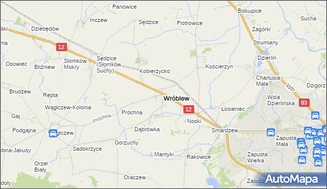mapa Wróblew powiat sieradzki, Wróblew powiat sieradzki na mapie Targeo