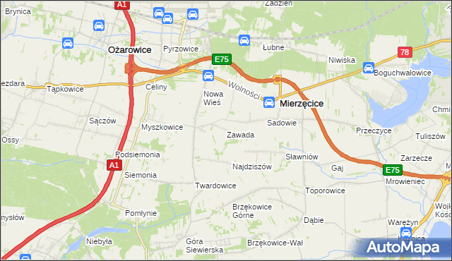 mapa Zawada gmina Mierzęcice, Zawada gmina Mierzęcice na mapie Targeo