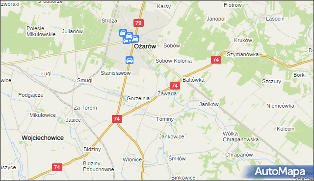 mapa Zawada gmina Ożarów, Zawada gmina Ożarów na mapie Targeo