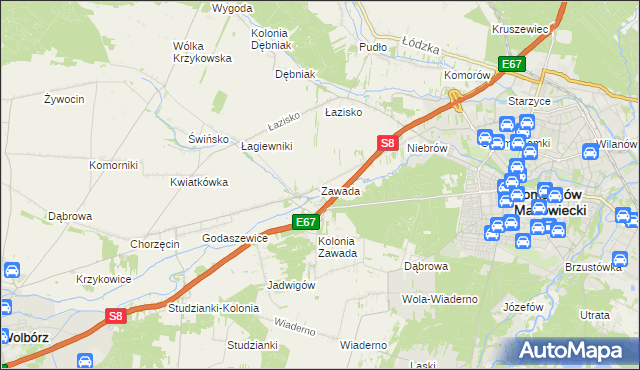 mapa Zawada gmina Tomaszów Mazowiecki, Zawada gmina Tomaszów Mazowiecki na mapie Targeo
