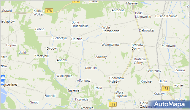 mapa Zawady gmina Zadzim, Zawady gmina Zadzim na mapie Targeo