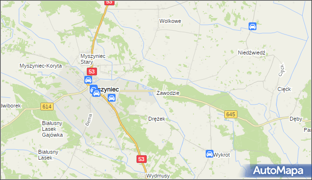 mapa Zawodzie gmina Myszyniec, Zawodzie gmina Myszyniec na mapie Targeo