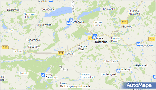 mapa Zielona Wieś gmina Nowa Karczma, Zielona Wieś gmina Nowa Karczma na mapie Targeo