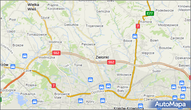 mapa Zielonki powiat krakowski, Zielonki powiat krakowski na mapie Targeo