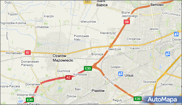 mapa Bronisze gmina Ożarów Mazowiecki, Bronisze gmina Ożarów Mazowiecki na mapie Targeo