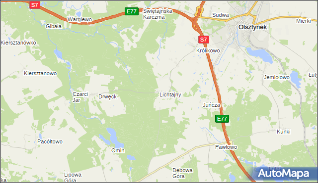 mapa Lichtajny gmina Olsztynek, Lichtajny gmina Olsztynek na mapie Targeo