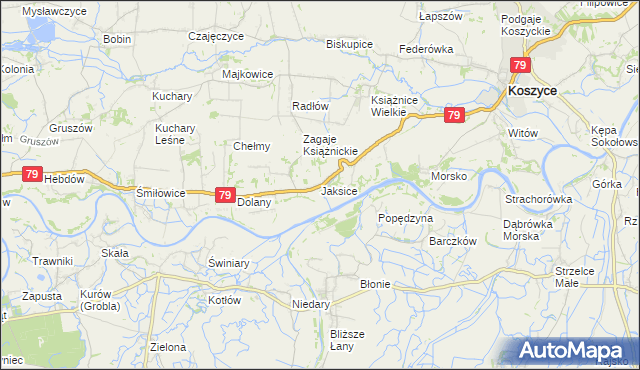 mapa Jaksice gmina Koszyce, Jaksice gmina Koszyce na mapie Targeo