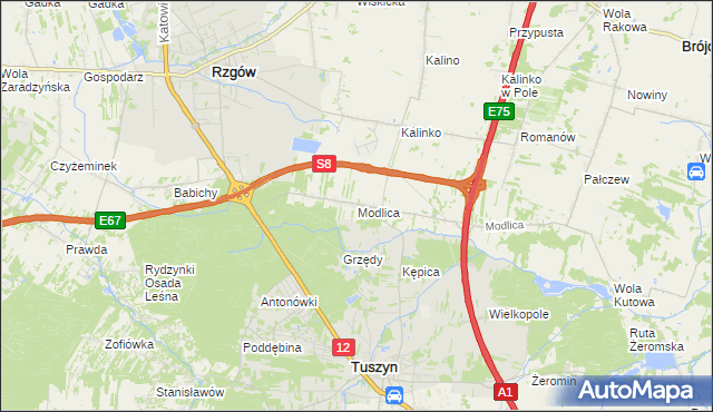 mapa Modlica gmina Tuszyn, Modlica gmina Tuszyn na mapie Targeo