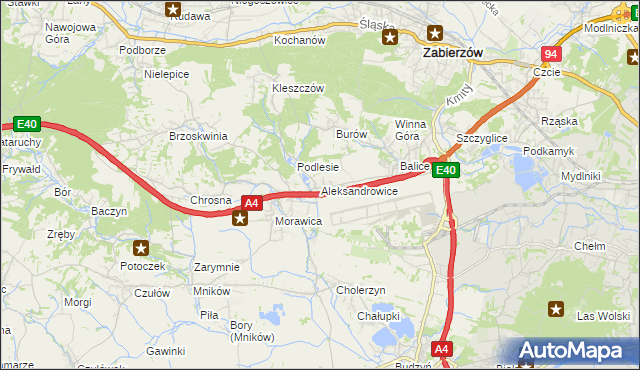 mapa Aleksandrowice gmina Zabierzów, Aleksandrowice gmina Zabierzów na mapie Targeo