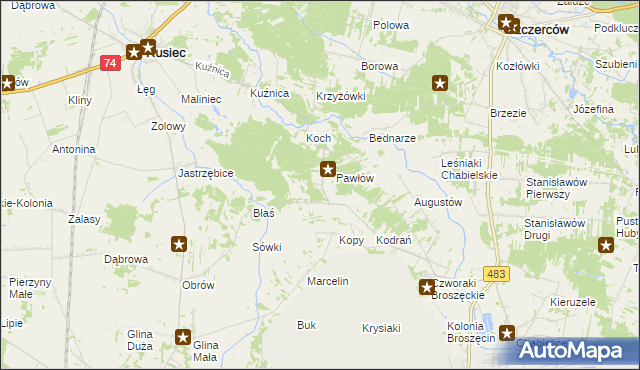 mapa Andrzejów gmina Rusiec, Andrzejów gmina Rusiec na mapie Targeo