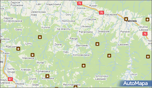 mapa Barnowiec gmina Łabowa, Barnowiec gmina Łabowa na mapie Targeo