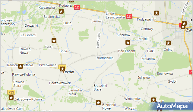 mapa Bartodzieje gmina Tczów, Bartodzieje gmina Tczów na mapie Targeo
