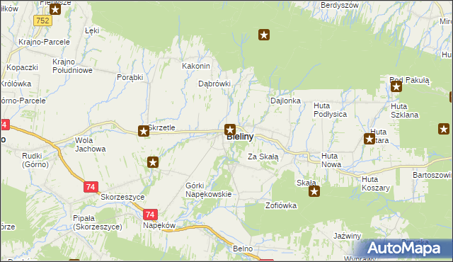 mapa Bieliny powiat kielecki, Bieliny powiat kielecki na mapie Targeo