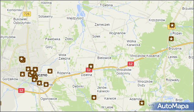 mapa Bielowice gmina Opoczno, Bielowice gmina Opoczno na mapie Targeo