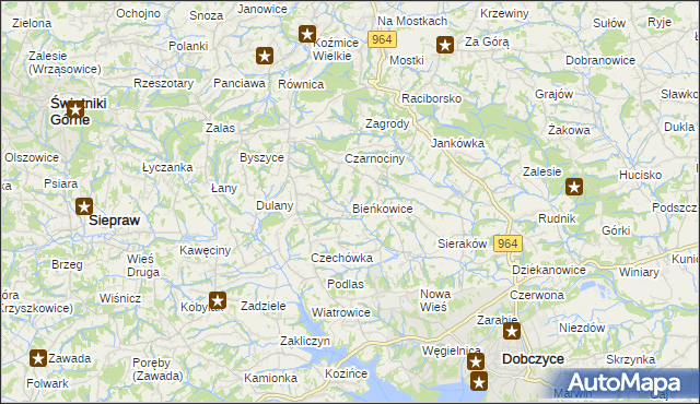 mapa Bieńkowice gmina Dobczyce, Bieńkowice gmina Dobczyce na mapie Targeo
