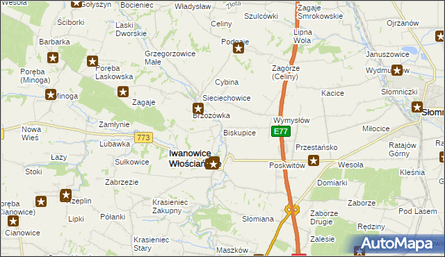 mapa Biskupice gmina Iwanowice, Biskupice gmina Iwanowice na mapie Targeo