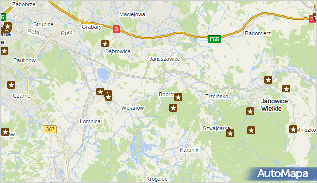 mapa Bobrów gmina Mysłakowice, Bobrów gmina Mysłakowice na mapie Targeo