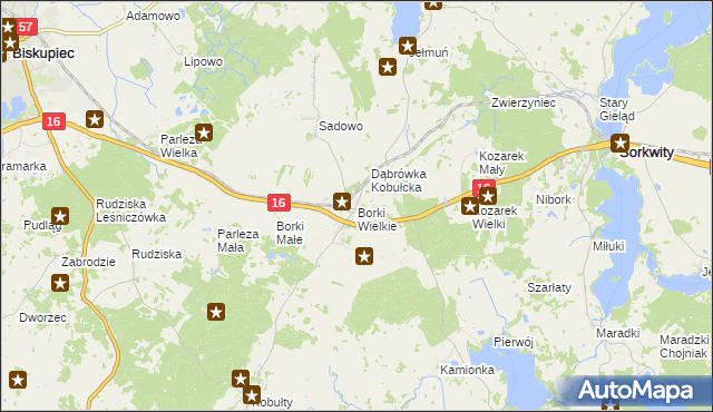 mapa Borki Wielkie gmina Biskupiec, Borki Wielkie gmina Biskupiec na mapie Targeo