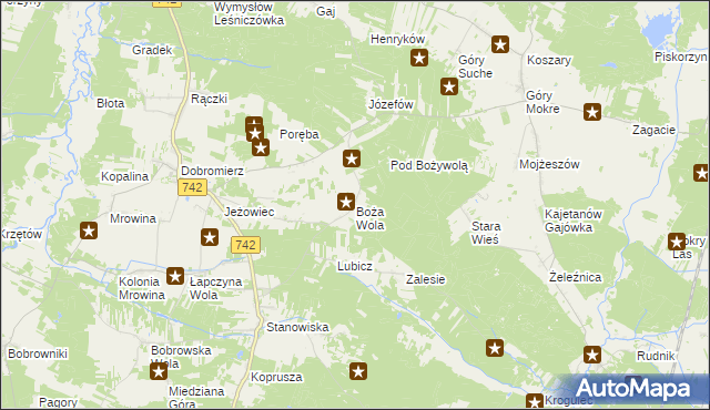 mapa Boża Wola gmina Kluczewsko, Boża Wola gmina Kluczewsko na mapie Targeo