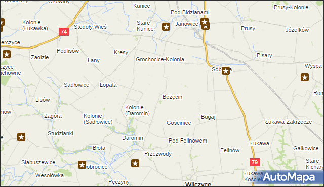 mapa Bożęcin gmina Wilczyce, Bożęcin gmina Wilczyce na mapie Targeo