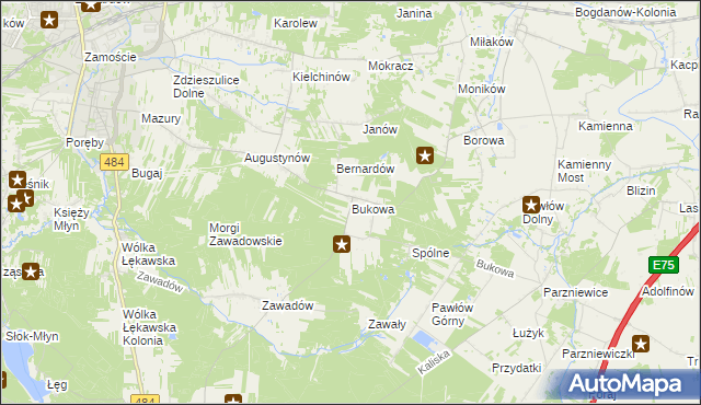 mapa Bukowa gmina Bełchatów, Bukowa gmina Bełchatów na mapie Targeo