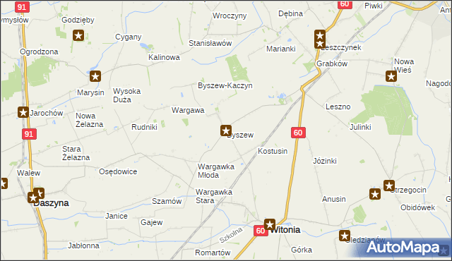 mapa Byszew gmina Kutno, Byszew gmina Kutno na mapie Targeo