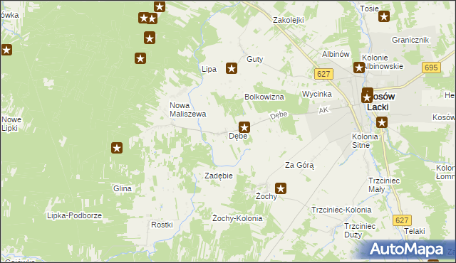 mapa Dębe gmina Kosów Lacki, Dębe gmina Kosów Lacki na mapie Targeo