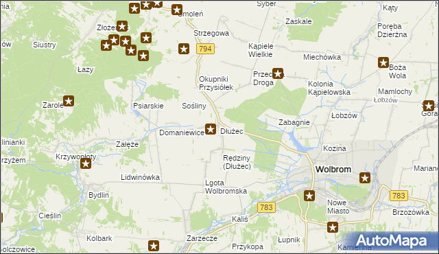 mapa Dłużec gmina Wolbrom, Dłużec gmina Wolbrom na mapie Targeo