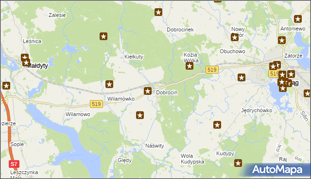mapa Dobrocin gmina Małdyty, Dobrocin gmina Małdyty na mapie Targeo