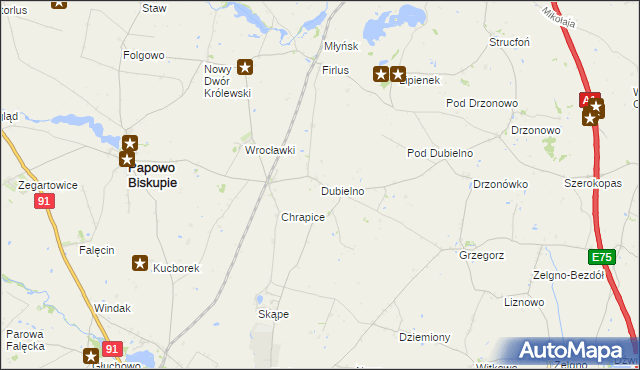 mapa Dubielno gmina Papowo Biskupie, Dubielno gmina Papowo Biskupie na mapie Targeo