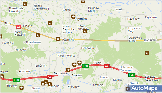 mapa Genowefa gmina Krzymów, Genowefa gmina Krzymów na mapie Targeo