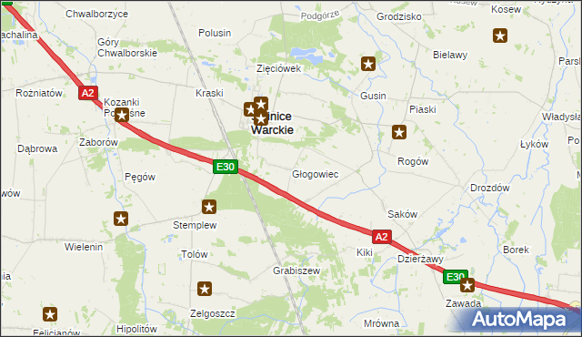 mapa Głogowiec gmina Świnice Warckie, Głogowiec gmina Świnice Warckie na mapie Targeo