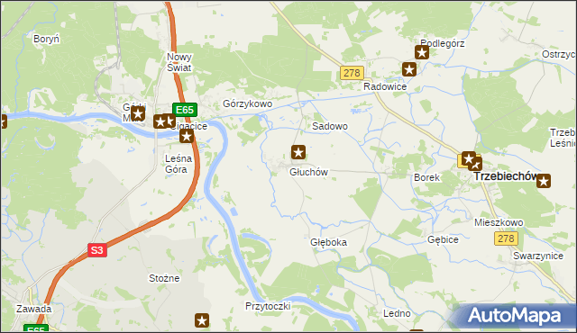 mapa Głuchów gmina Trzebiechów, Głuchów gmina Trzebiechów na mapie Targeo
