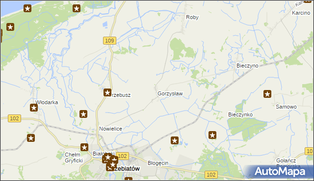 mapa Gorzysław gmina Trzebiatów, Gorzysław gmina Trzebiatów na mapie Targeo