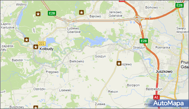 mapa Goszyn gmina Pruszcz Gdański, Goszyn gmina Pruszcz Gdański na mapie Targeo