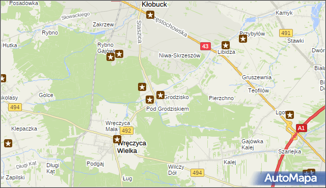 mapa Grodzisko gmina Wręczyca Wielka, Grodzisko gmina Wręczyca Wielka na mapie Targeo