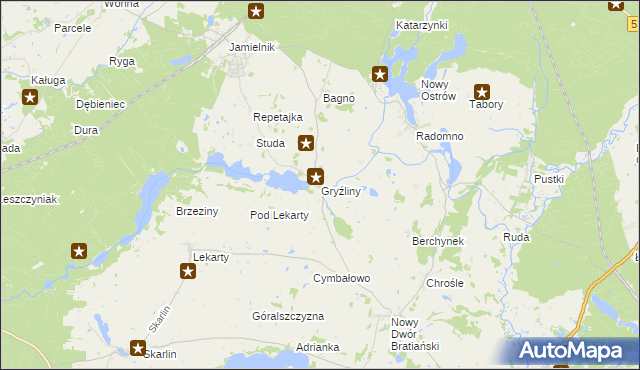 mapa Gryźliny gmina Nowe Miasto Lubawskie, Gryźliny gmina Nowe Miasto Lubawskie na mapie Targeo
