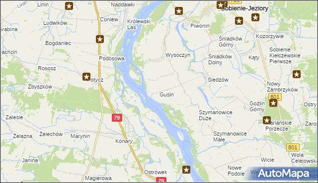 mapa Gusin gmina Sobienie-Jeziory, Gusin gmina Sobienie-Jeziory na mapie Targeo