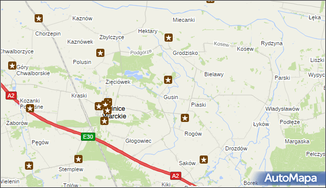 mapa Gusin gmina Świnice Warckie, Gusin gmina Świnice Warckie na mapie Targeo