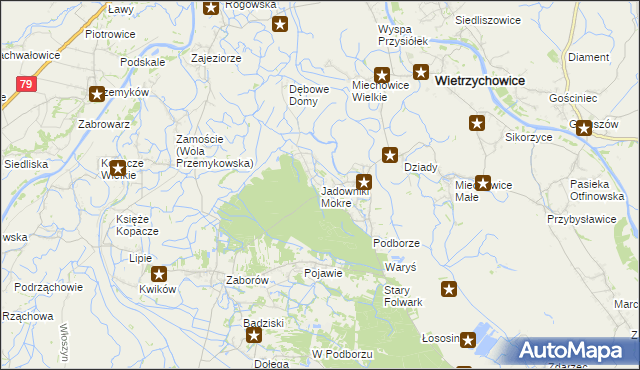 mapa Jadowniki Mokre gmina Wietrzychowice, Jadowniki Mokre gmina Wietrzychowice na mapie Targeo