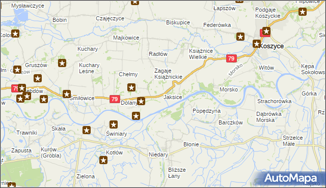 mapa Jaksice gmina Koszyce, Jaksice gmina Koszyce na mapie Targeo